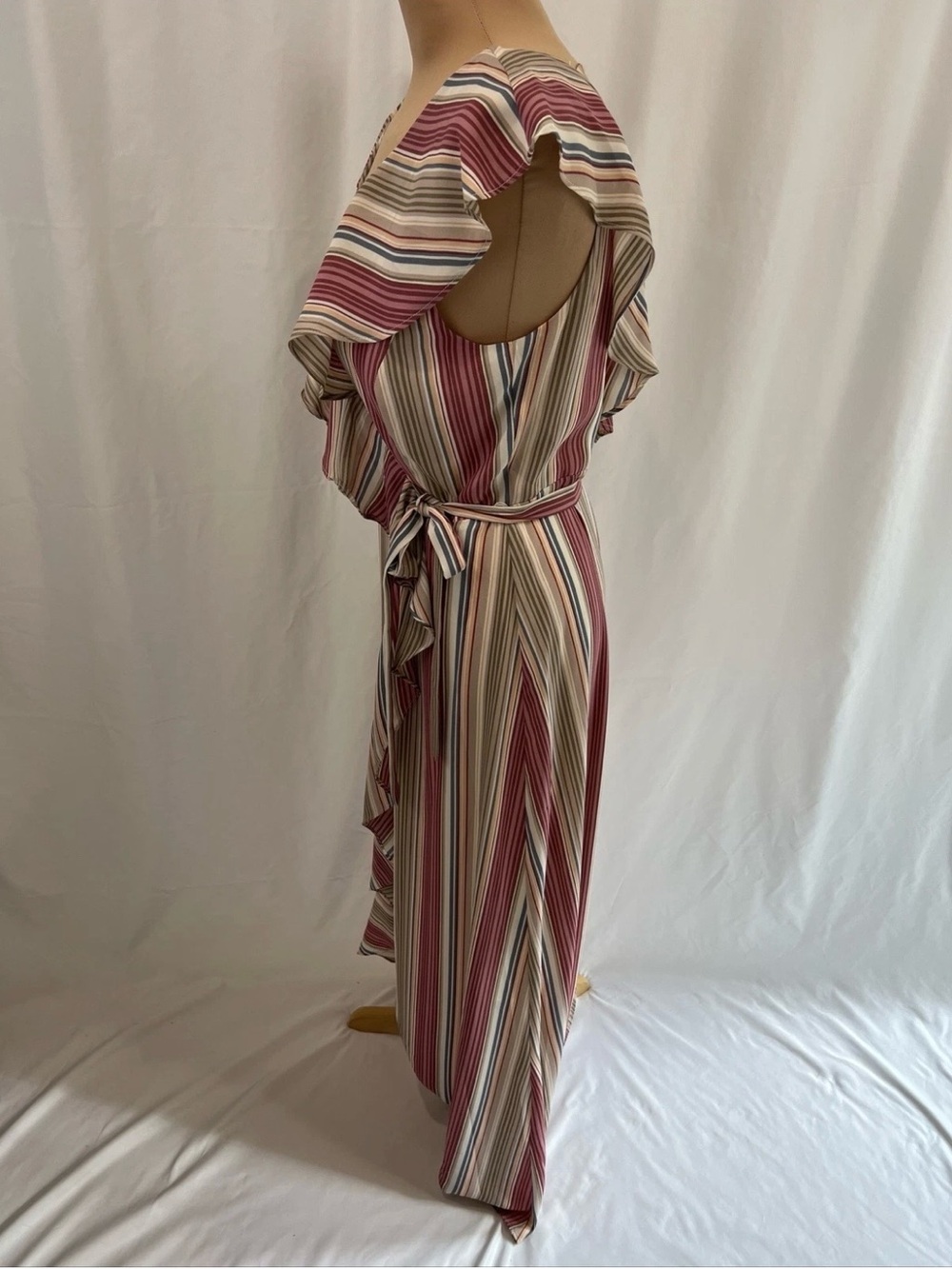 Leith Pink Multi-Stripe Ruffle Wrap High-Low Dress Cottagecore - Picture 6 of 9